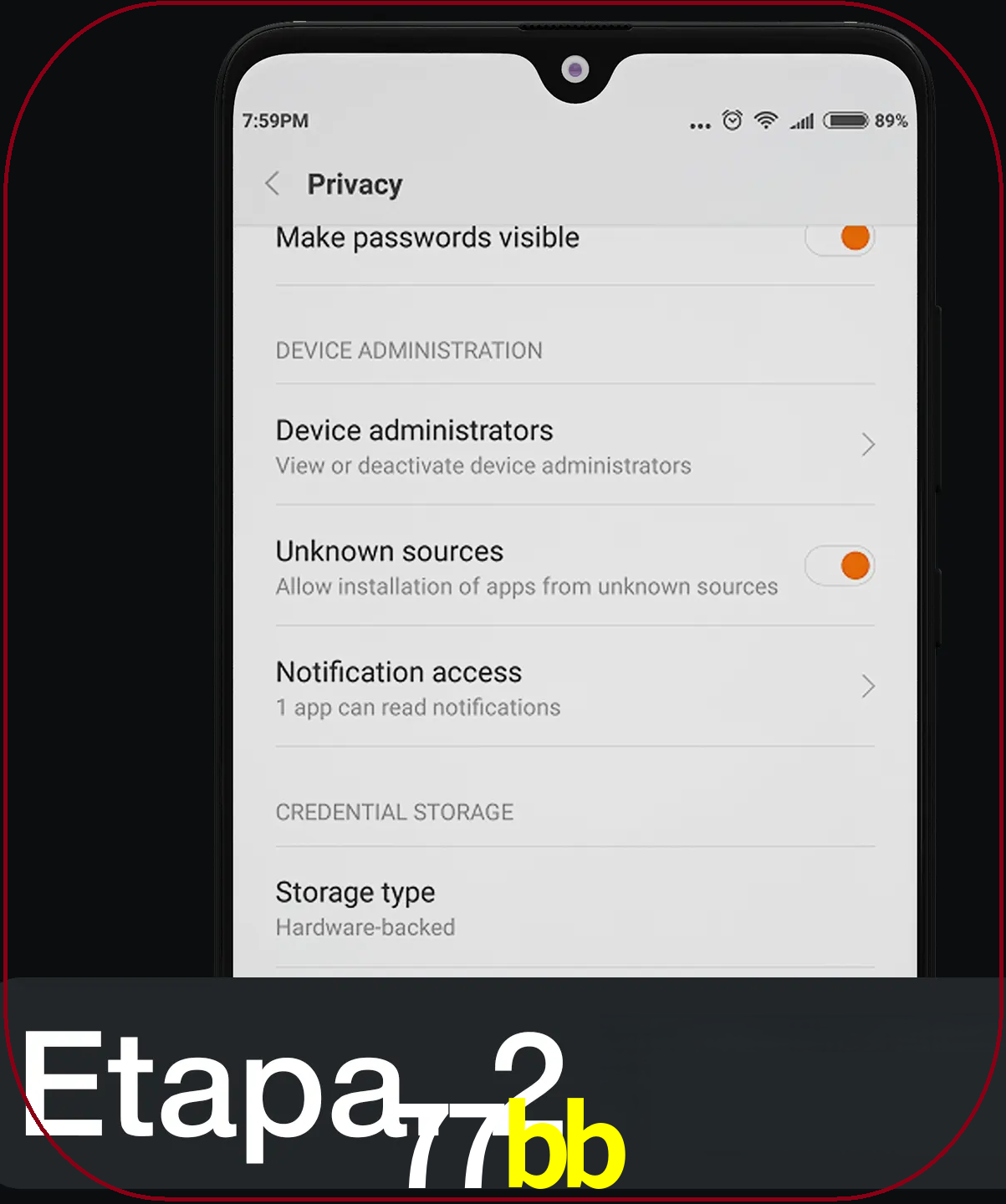 Desabilitar opção de fontes desconhecidas.