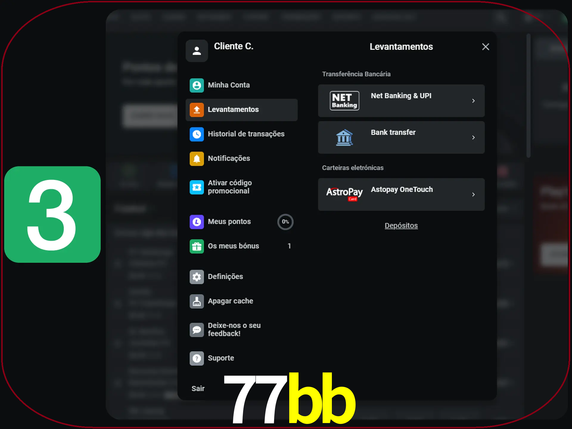 Escolha seu método de retirada.